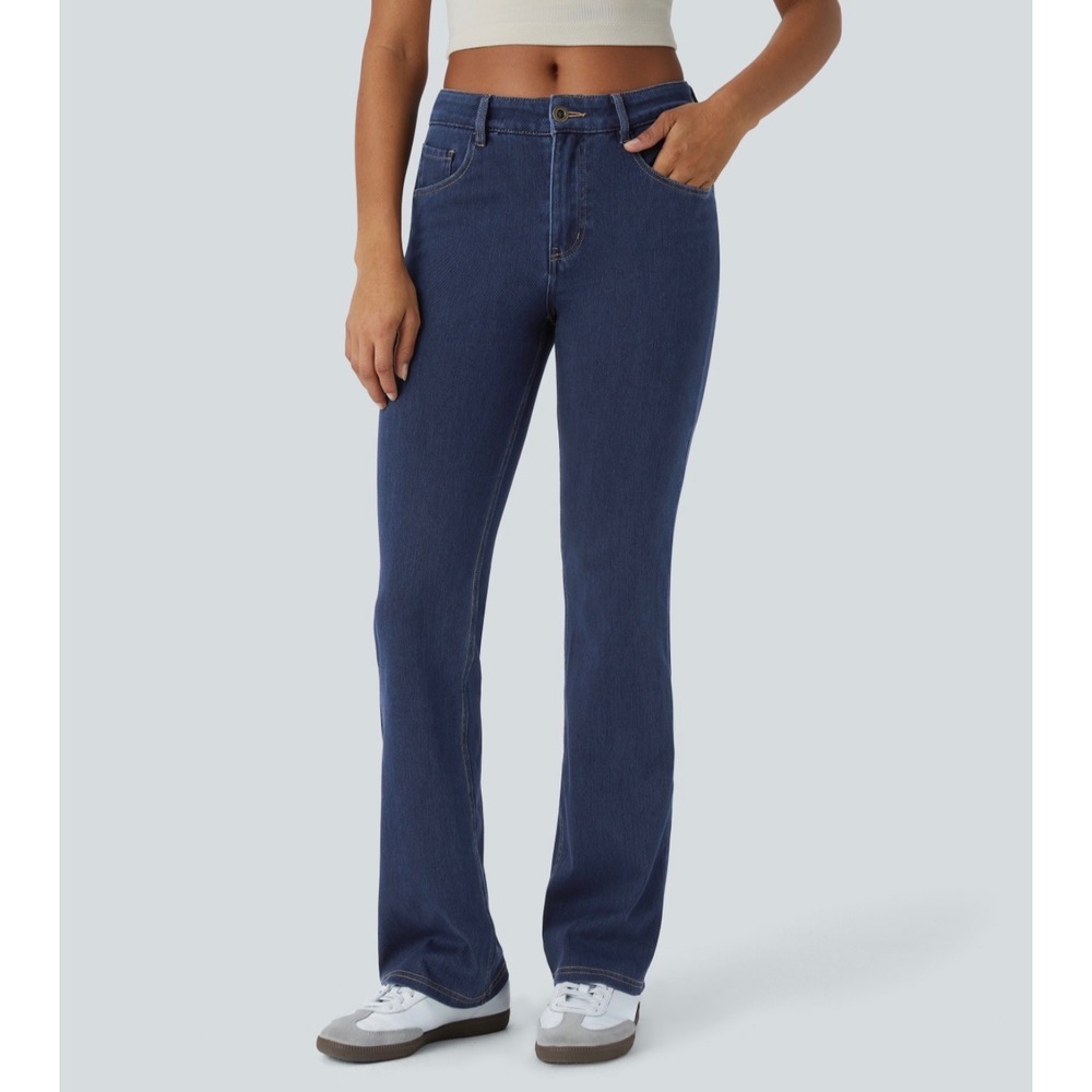 Halara Flex Mid Rise Pockets Casual Bootcut Jeans Dark Wash Blue Size M NWT